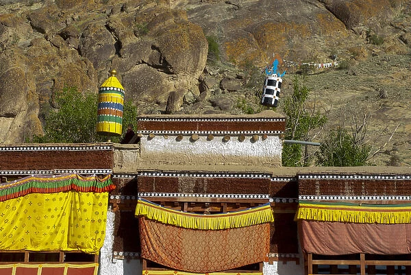 India, Jammu & Kashmir, Ladakh, a closeup of Hemis Monastery with cloth draperies
