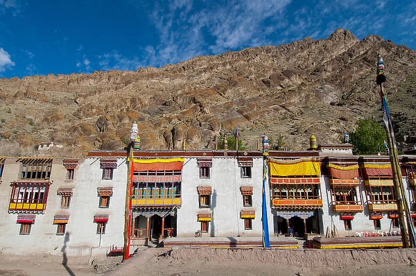 India, Jammu & Kashmir, Ladakh, Hemis Monastery facade with craggy cliff in the background