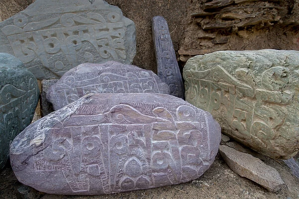 India, Jammu & Kashmir, Ladakh, Lamayuru on the Srinagar-Kargil-Leh road prayer stones