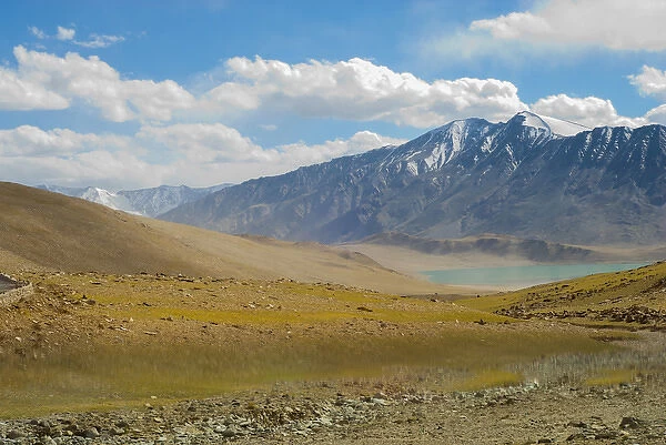 India, Jammu & Kashmir, Ladakh, landscape of low grass valley, a lake and snow-capped mountains