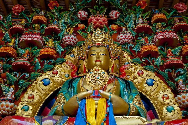 India, Jammu & Kashmir, Ladakh, Stok, large gold Buddah statue surrounded by many