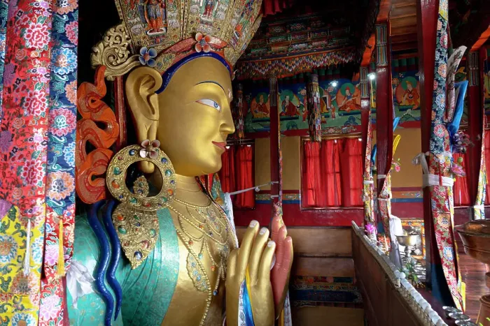 Framed Print : India, Ladakh, Indus Valley, Thiksey, Thiksey Monastery. Details of the Tibetan style statues and artifacts where people come to worship Framed Print : India, Ladakh, Indus Valley, Thiksey, Thiksey Monastery. Details of the Tibetan style statues and artifacts where people come to worship