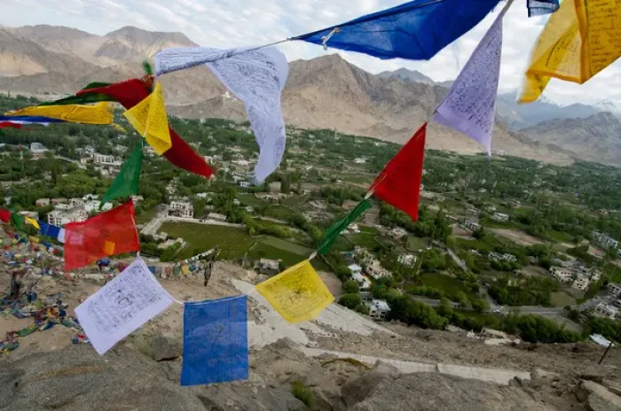 Framed Print : India, Ladakh, Leh, capital of Ladakh, red, yellow, blue, red, green and white prayer Framed Print : India, Ladakh, Leh, capital of Ladakh, red, yellow, blue, red, green and white prayer