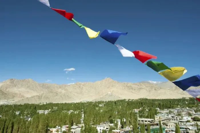 Framed Print : India, Ladakh, Leh, prayer flags with Indus Valley in the background Framed Print : India, Ladakh, Leh, prayer flags with Indus Valley in the background