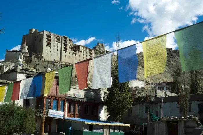 Framed Print : India, Ladakh, Leh, prayer flags with Leh palace in background Framed Print : India, Ladakh, Leh, prayer flags with Leh palace in background