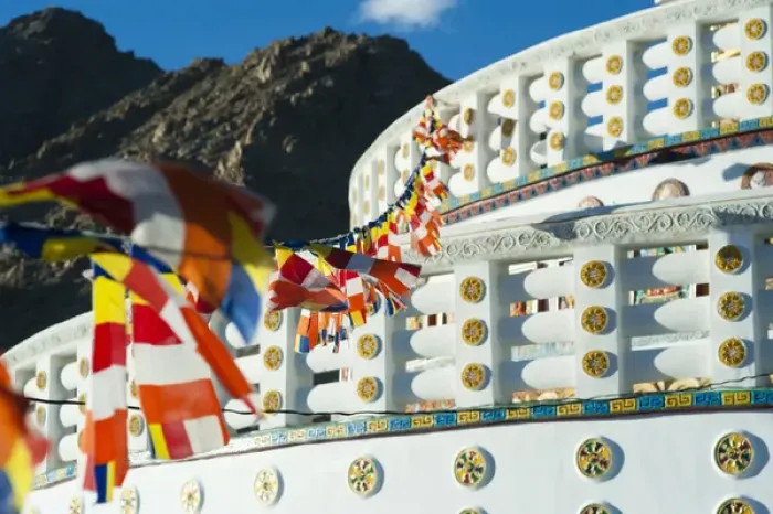 Framed Print : India, Ladakh, Leh, prayer flags at Shanti Stupa