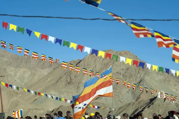 Framed Print : India, Ladakh, Leh, prayer flags at Shanti Stupa