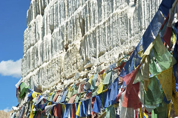 India, Ladakh, Leh, prayer flags on white Stupa
