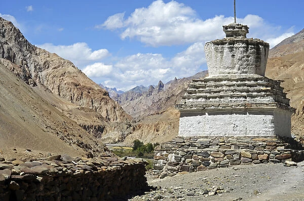 India, Ladakh, Markha Valley, white stupa in scenic landscape of the Himalayas with
