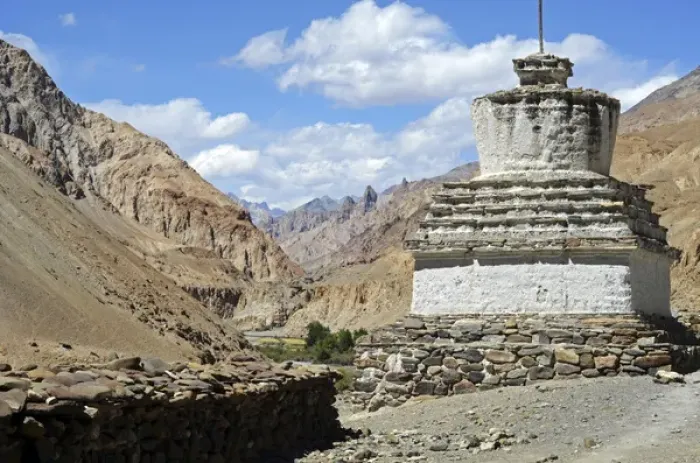 Framed Print : India, Ladakh, Markha Valley, white stupa in scenic landscape of the Himalayas with Framed Print : India, Ladakh, Markha Valley, white stupa in scenic landscape of the Himalayas with