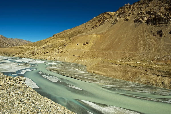 India, Ladakh, scenic rugged landscape with green river in the Himalayas