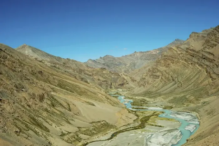 Framed Print : India, Ladakh, scenic rugged landscape with green river in the Himalayas