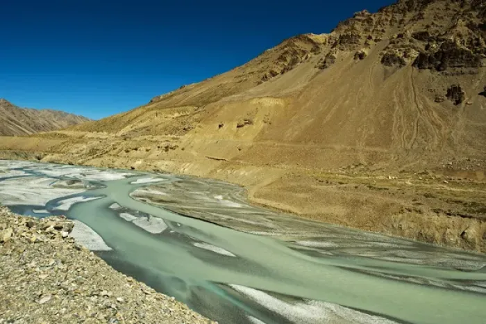 Framed Print : India, Ladakh, scenic rugged landscape with green river in the Himalayas Framed Print : India, Ladakh, scenic rugged landscape with green river in the Himalayas