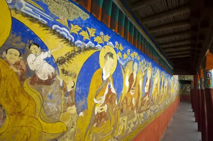 Framed Print : India, Ladakh, Thiksey, colorful wall painting with buddhist images of god Framed Print : India, Ladakh, Thiksey, colorful wall painting with buddhist images of god