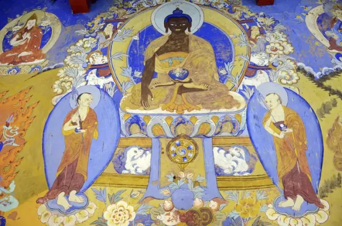 Framed Print : India, Ladakh, Thiksey, colorful wall painting with buddhist images of god Framed Print : India, Ladakh, Thiksey, colorful wall painting with buddhist images of god
