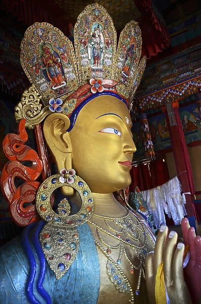 India, Ladakh, Thiksey, golden Maitreya Buddha inside Thiksey Monastery (Gompa)