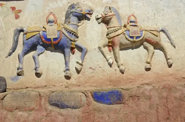 Framed Print : India, Ladakh, Thiksey, indian and buddhist gods and horses sculpted colorfully on temple Framed Print : India, Ladakh, Thiksey, indian and buddhist gods and horses sculpted colorfully on temple