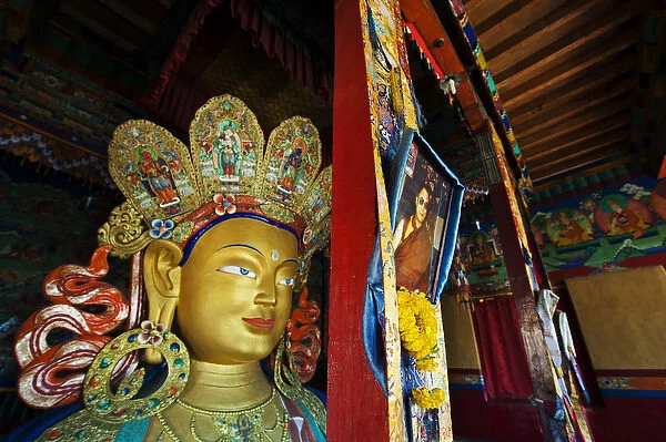 India, Ladakh, Thiksey, picture of Dalai Lama next to golden Maitreya Buddha inside