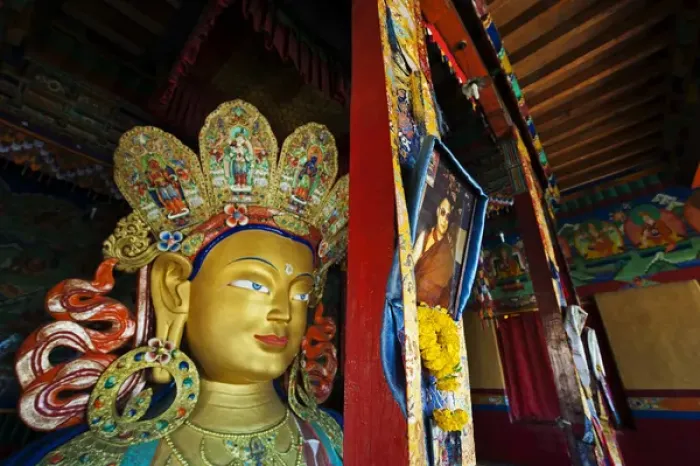 Framed Print : India, Ladakh, Thiksey, picture of Dalai Lama next to golden Maitreya Buddha inside