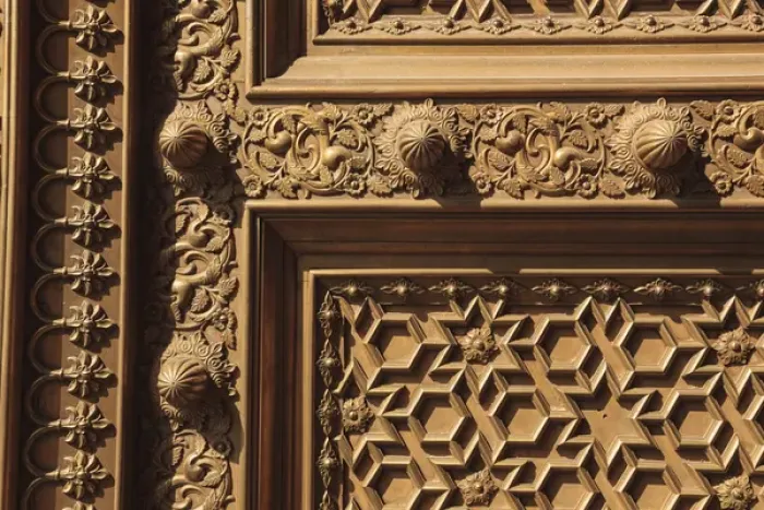 Framed Print : India, Rajasthan, Jaipur, City Palace, Detail of carved wooden door Framed Print : India, Rajasthan, Jaipur, City Palace, Detail of carved wooden door