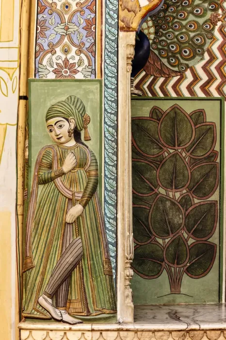 Framed Print : India, Rajasthan, Jaipur, Closeup of wall painting at City Palace Framed Print : India, Rajasthan, Jaipur, Closeup of wall painting at City Palace
