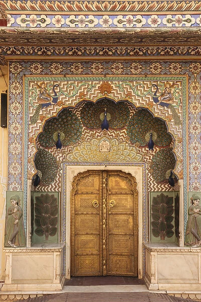 India, Rajasthan, Jaipur, Peacock door at City Palace