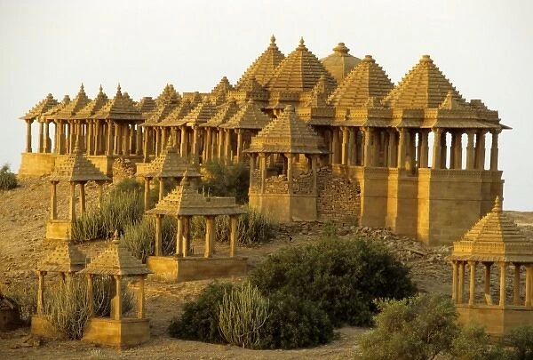 India, Rajasthan, Jaisalmer. Cenotaphs at Bada Bagh (c. 1585) entomb generations of feudal rulers