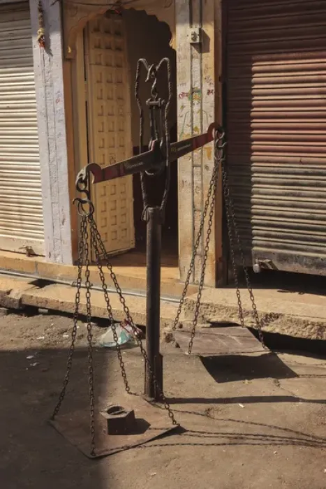 Framed Print : India, Rajasthan, Jaisalmer. Scales in front of shop