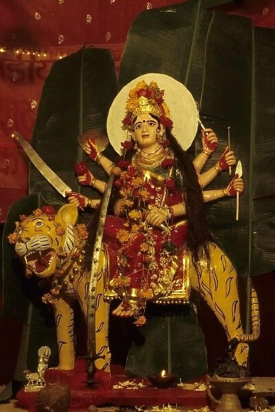 India, Rajasthan, Udaipur. Altar at Laxmi festival with a 8-armed Hindu Goddess Sherawalimata