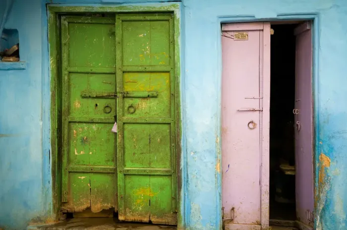 Framed Print : India, Rajasthan. Weathered house door. Credit as: Jim Nilsen / Jaynes Gallery / DanitaDelimont Framed Print : India, Rajasthan. Weathered house door. Credit as: Jim Nilsen / Jaynes Gallery / DanitaDelimont
