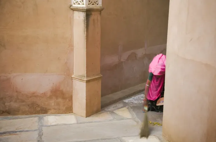Framed Print : India, Rajasthan. Woman sweeping. Credit as: Jim Nilsen  /  Jaynes Gallery  /  DanitaDelimont