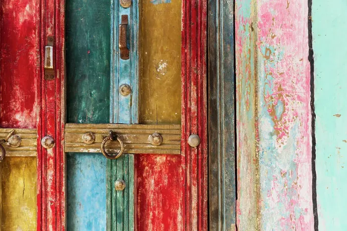 Framed Print : India, State of Gujarat, Bhuj, Meghwal. Bhirandiara. Painted door abstract Framed Print : India, State of Gujarat, Bhuj, Meghwal. Bhirandiara. Painted door abstract