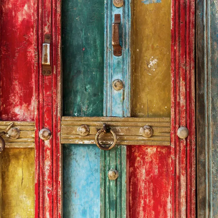 Framed Print : India, State of Gujarat, Bhuj, Meghwal. Bhirandiara. Painted door abstract