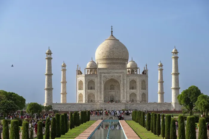 Framed Print : India, Uttar Pradesh, Agra. Taj Mahal, tomb of Shah Jahan's wife, full view with water path and reflection, minarets and majestic Framed Print : India, Uttar Pradesh, Agra. Taj Mahal, tomb of Shah Jahan's wife, full view with water path and reflection, minarets and majestic