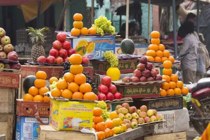 Framed Print : India, Uttar Pradesh, Varanasi. Assorted fresh fruits for juice and eating at a street Framed Print : India, Uttar Pradesh, Varanasi. Assorted fresh fruits for juice and eating at a street