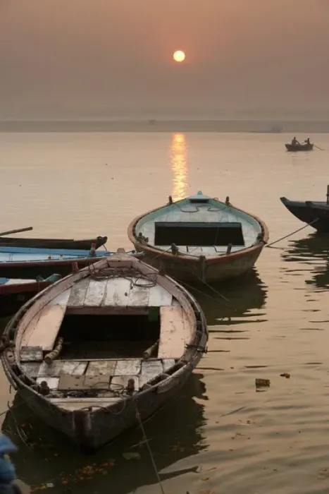 Framed Print : India, Varanasi. Boats on the Ganges River Framed Print : India, Varanasi. Boats on the Ganges River