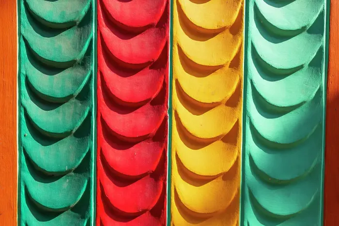Framed Print : India, West Bengal, Kolkata. Abstract colorful plaster designs