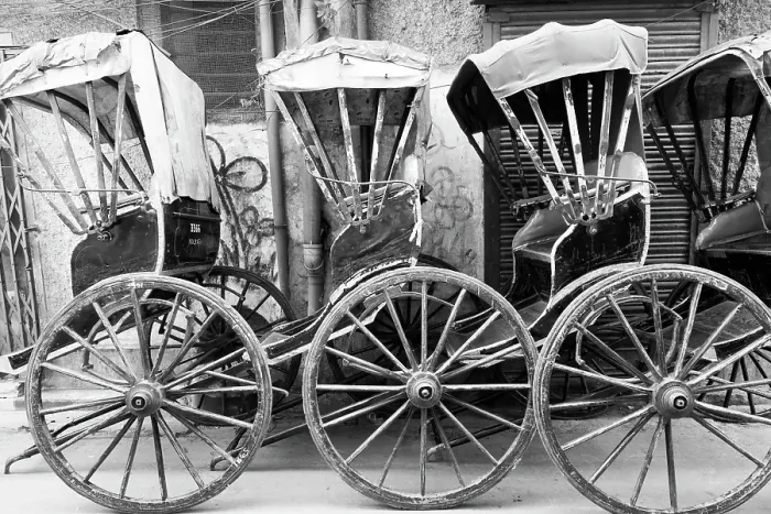 Framed Print : India, West Bengal, Kolkata, College Square. Rickshaws in a line. In BW Framed Print : India, West Bengal, Kolkata, College Square. Rickshaws in a line. In BW
