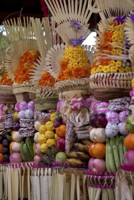 Framed Print : Indonesia, Bali, Bedulu. Row of colorful offerings at Pura Samuan Tiga temple. Credit as