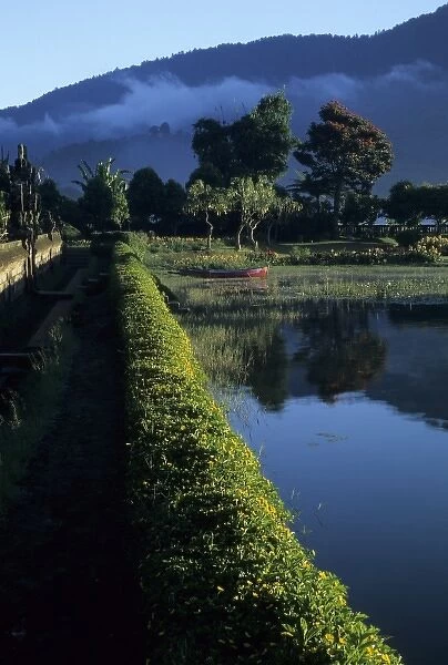 Indonesia, Bali, Candikuning. Gardens of Hindu temple Pura Ulu Danau on Lake Bratan