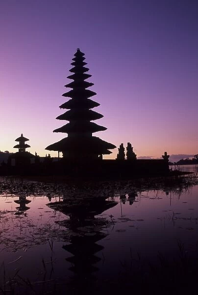 Indonesia, Bali, Candikuning. Meru thatched-roof pagoda of Pura (Temple) Ulu Danau on Lake Bratan