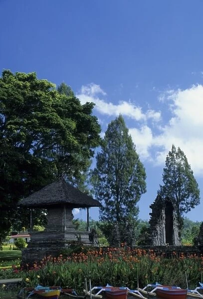 Indonesia, Bali, Candikuning. Pagodas, gardens, and boats at Hindu temple Pura Ulu