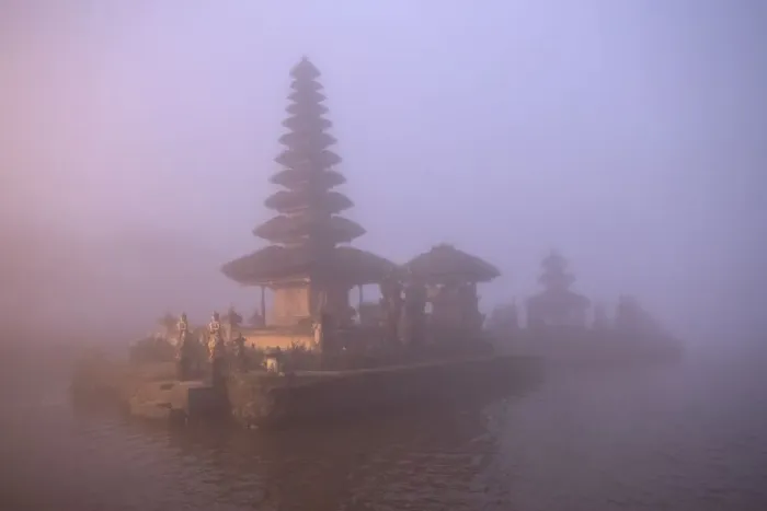 Framed Print : Indonesia, Bali. Foggy sunset on Pura Ulun Danu temple on Lake Bratan Framed Print : Indonesia, Bali. Foggy sunset on Pura Ulun Danu temple on Lake Bratan