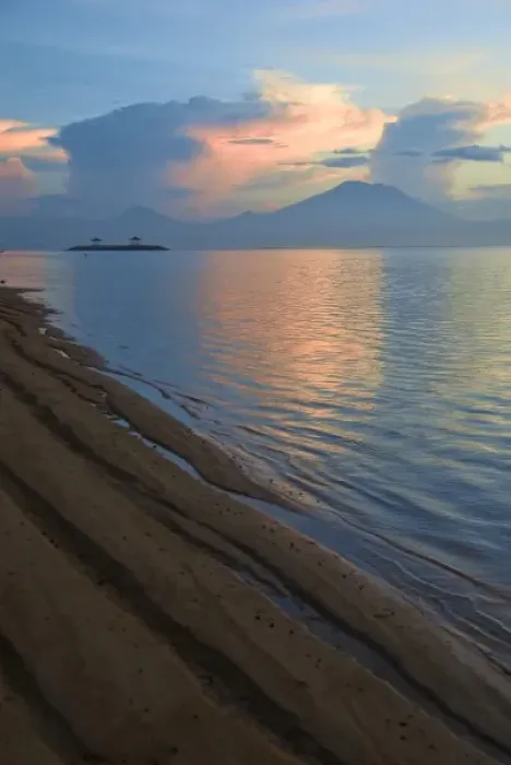 Framed Print : Indonesia, Bali. Sunrise on Sanur Beach with Mount Gunung Agung in distance