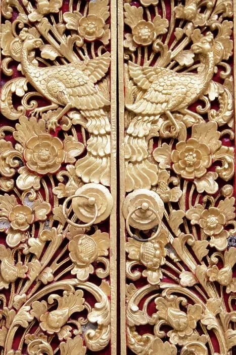 Framed Print : Indonesia, Bali. Traditional handicraft village of Ubud. Balinese carved wooden doors