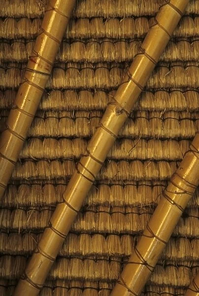 Indonesia, Bali, Ubud. Bamboo rafters and thatched roof of traditional Balinese home