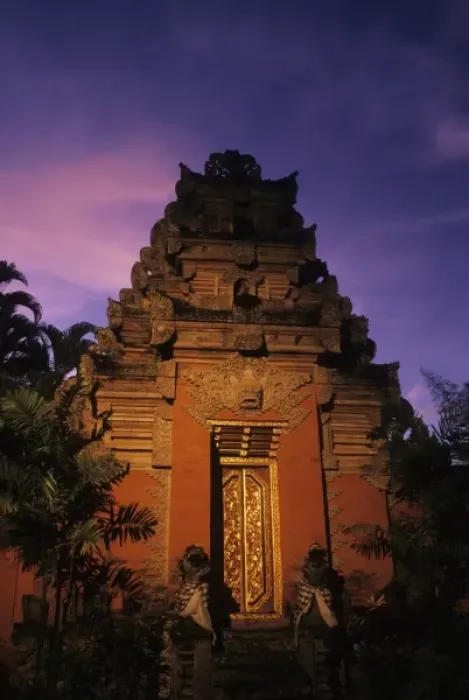 Framed Print : Indonesia, Bali, Ubud. Carved limestone adorns City Palace, setting for nightly traditional