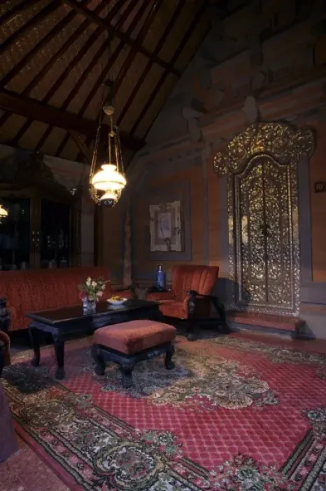Framed Print : Indonesia, Bali, Ubud. Elaborately furnished open-air pavilion of Ubud Palace, now