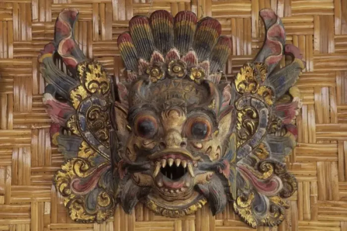 Framed Print : Indonesia, Bali, Ubud. Hand carved and painted Barong mask, a popular souvenir Framed Print : Indonesia, Bali, Ubud. Hand carved and painted Barong mask, a popular souvenir