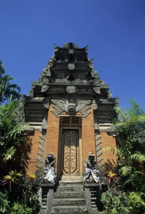 Framed Print : Indonesia, Bali, Ubud. Hindu temple within Ubud Palace, brick and carved stone with Framed Print : Indonesia, Bali, Ubud. Hindu temple within Ubud Palace, brick and carved stone with